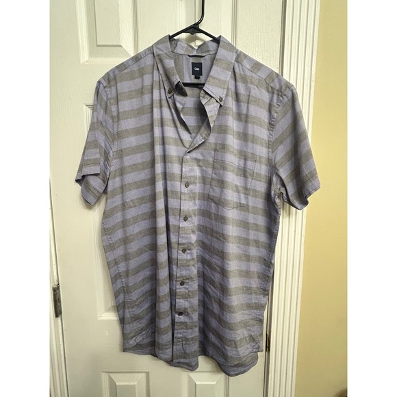 Gap Mens XL Tall Short Sleeve Button Down Shirt Blue Grey Striped Cotton Casual - Picture 5 of 5